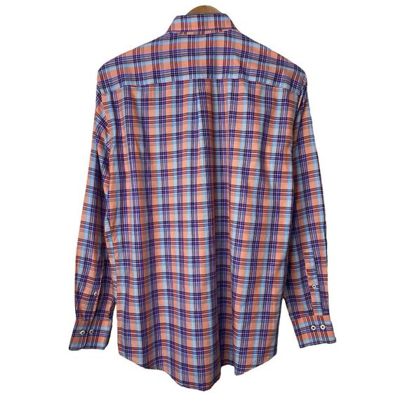 Peter Millar Mens Large Button Down Dress Shirt Plaid Orange Blue White - Picture 6 of 10